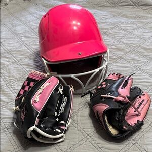 Worth Pink Helmet, 9.5” Easton & Rawlings Gloves Set